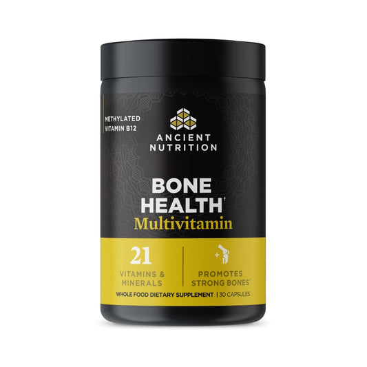 Ancient Nutrition bone health bottle showing bone-support ingredients for daily use.