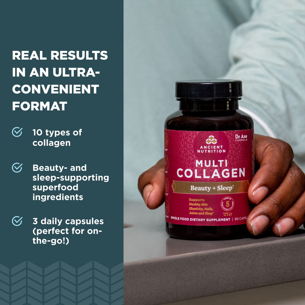 Ancient Nutrition capsules being poured into a glass for easy daily use