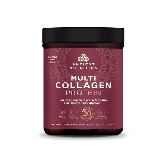 Ancient Nutrition Collagen Peptides bottle showing multi-collagen benefits for skin and joints