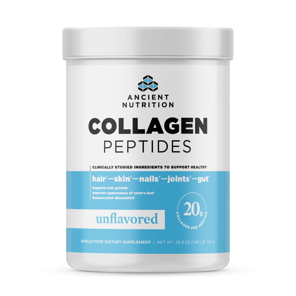Ancient Nutrition Collagen Peptides unflavored powder in jar; boosts skin, joints, and gut health.