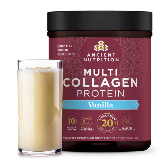 Ancient Nutrition Collagen Peptides Vanilla bottle-front view highlighting multi-collagen blend for skin and joints