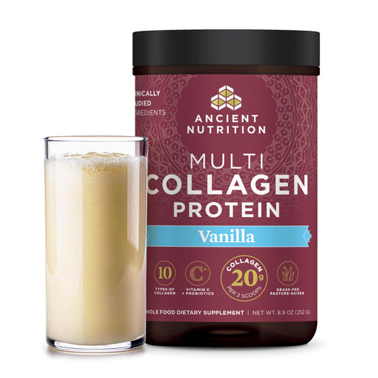 Ancient Nutrition collagen powder vanilla tub close-up highlighting skin and hair support.