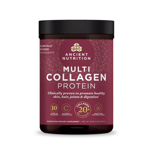 Ancient Nutrition collagen-probiotics unflavored packshot showing versatile skin and hair support.
