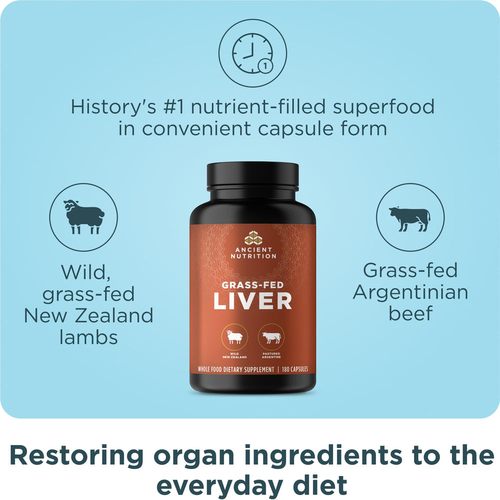 Ancient Nutrition grass-fed bovine organ label highlights whole-food nutrients.