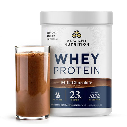 Ancient Nutrition grass-fed whey protein bag shows premium protein source for workouts.