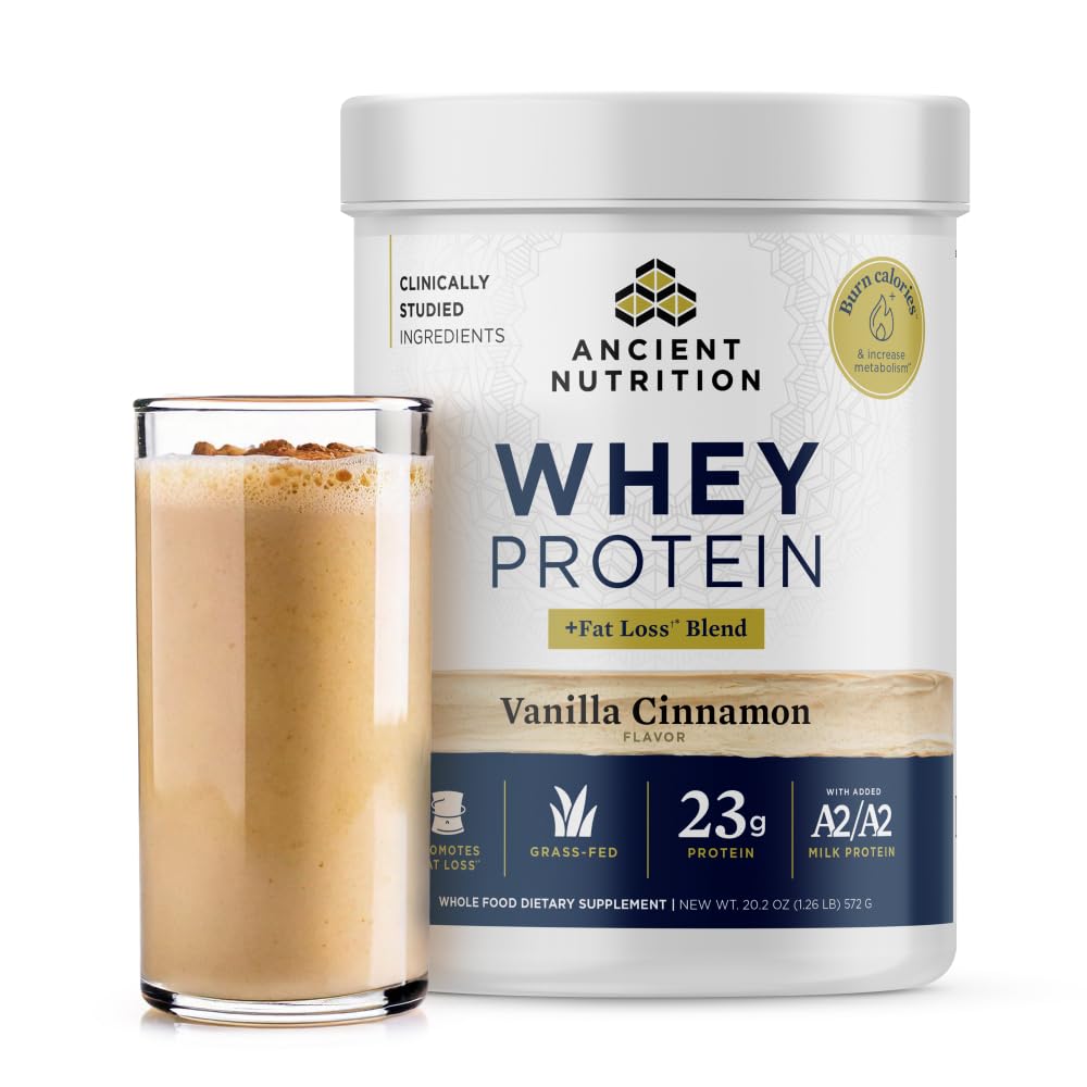 Ancient Nutrition Grass-Fed Whey Protein Vanilla Cinnamon bottle for lean-muscle-support shakes