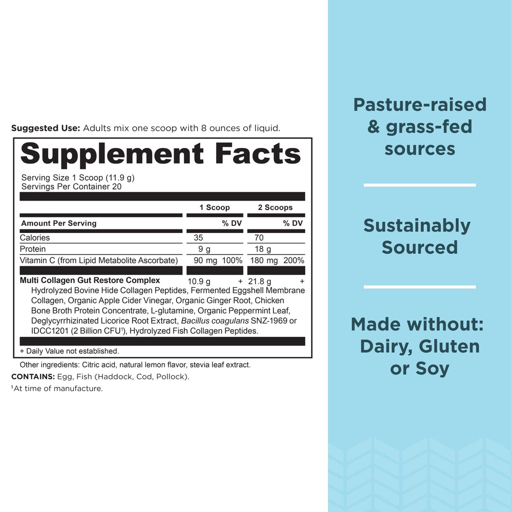 Ancient Nutrition gut restore scoop in glass highlighting protein boost.