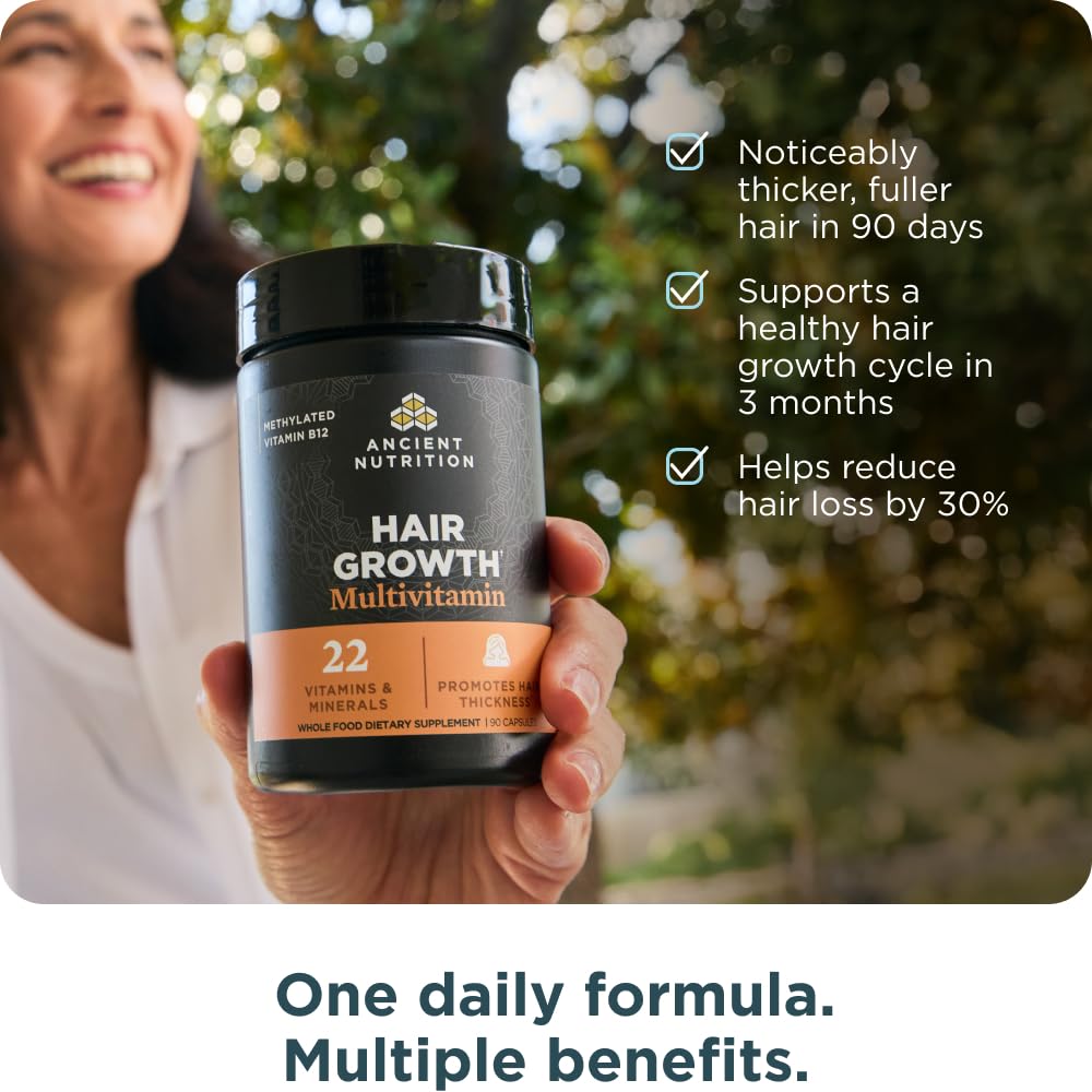 Ancient Nutrition Hair Growth Multivitamin daily dose suggesting an easy routine.