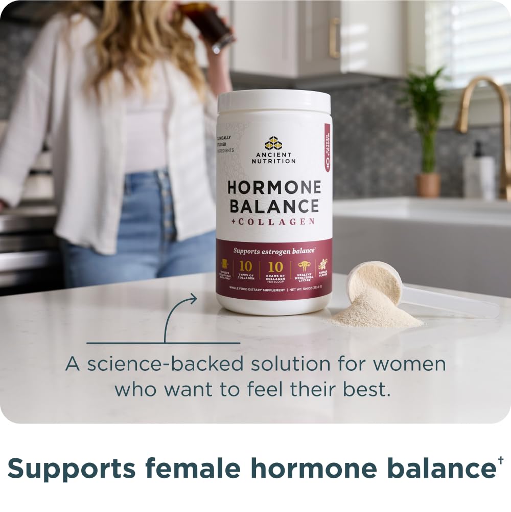 Ancient Nutrition Hormone Balance capsules bottle; easy daily capsules for balance and vitality.