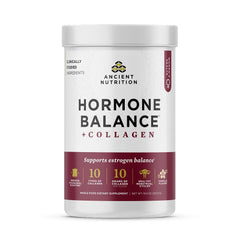 Ancient Nutrition Hormone Balance bottle; supports hormones and collagen for daily wellness.
