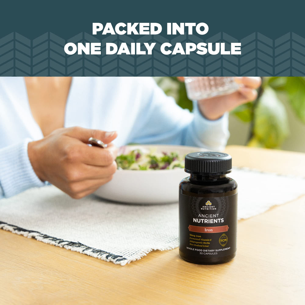 Ancient Nutrition Iron capsule texture suggests smooth digestion-friendly intake