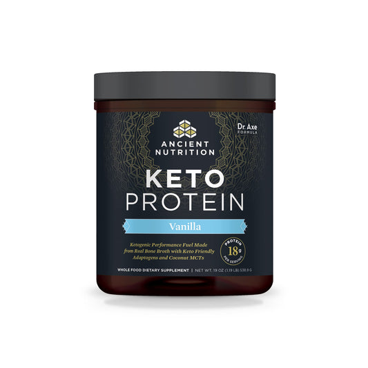 Ancient Nutrition KetoPROTEIN Vanilla bottle showing high-fat keto protein blend
