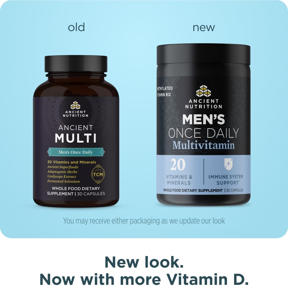 Ancient Nutrition men multivitamin capsules close-up shows methylated vitamins and minerals