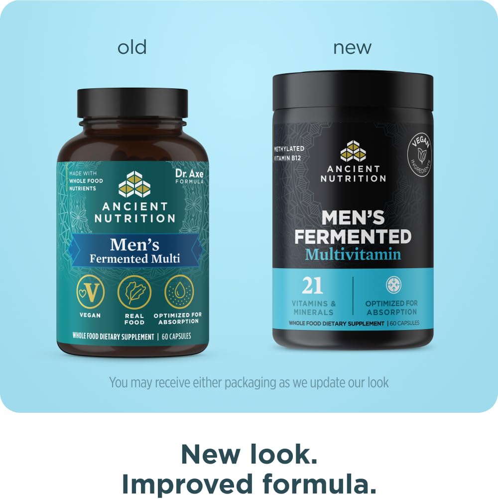 Ancient Nutrition Men’s Fermented Multivitamin capsules close-up highlighting vegan formula.