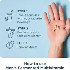 Ancient Nutrition Men’s Fermented Multivitamin daily-use bottle with serving guidance.