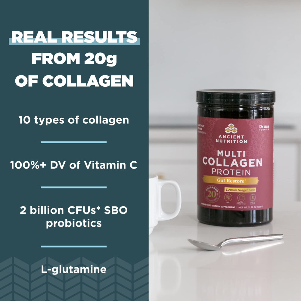 Ancient Nutrition multi collagen bottle front showing ingredients and 5 collagen types.