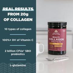 Ancient Nutrition multi collagen bottle front showing ingredients and 5 collagen types.