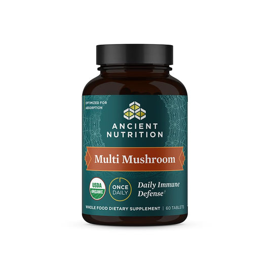 Ancient Nutrition Multi Mushroom bottle front highlighting immune support potential
