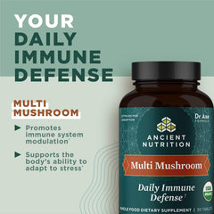 Ancient Nutrition ingredients panel showing six organic mushrooms