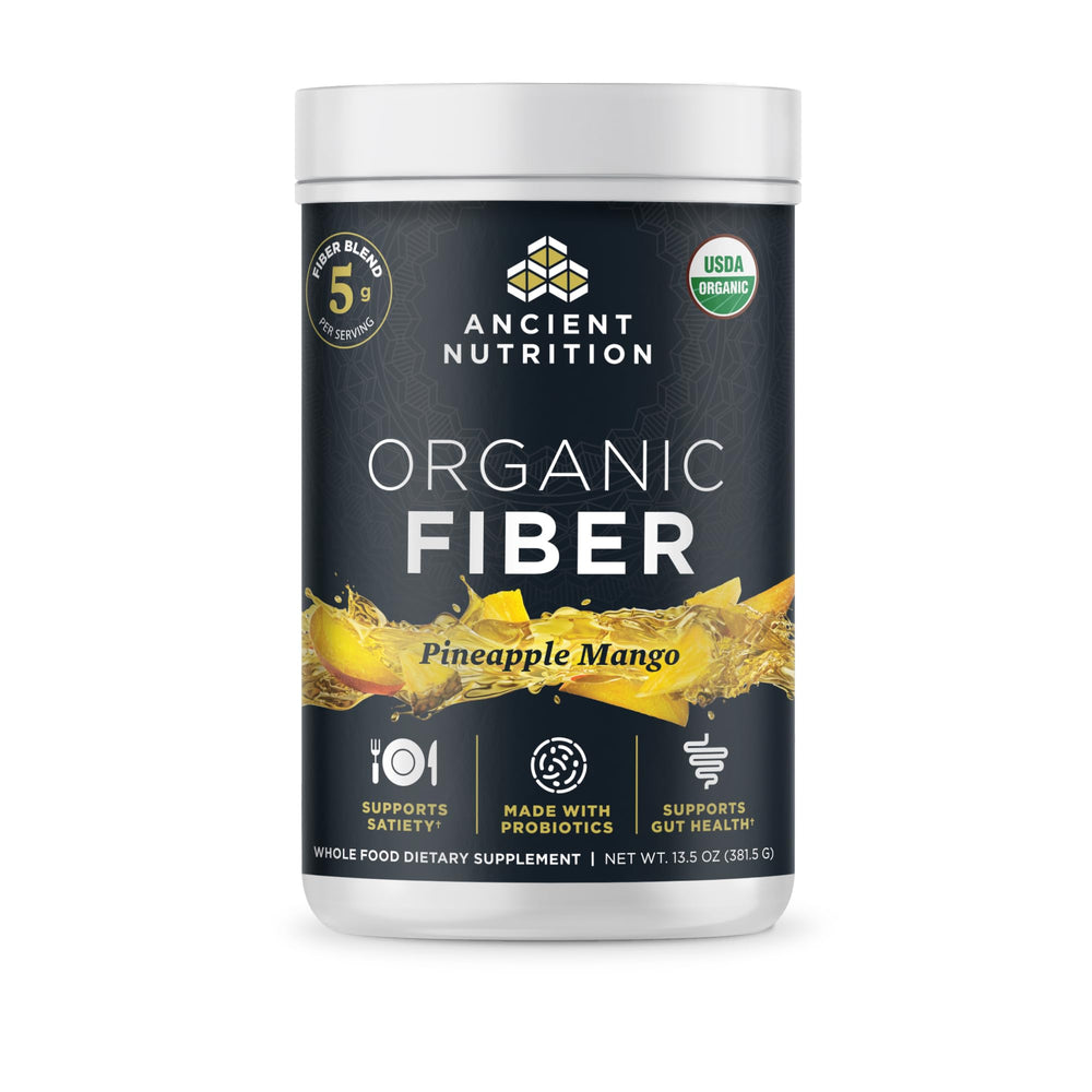 Ancient Nutrition Organic Fiber Powder bottle with pineapple mango label for digestive health support