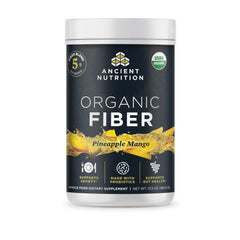 Ancient Nutrition Organic Fiber Powder bottle with pineapple mango label for digestive health support