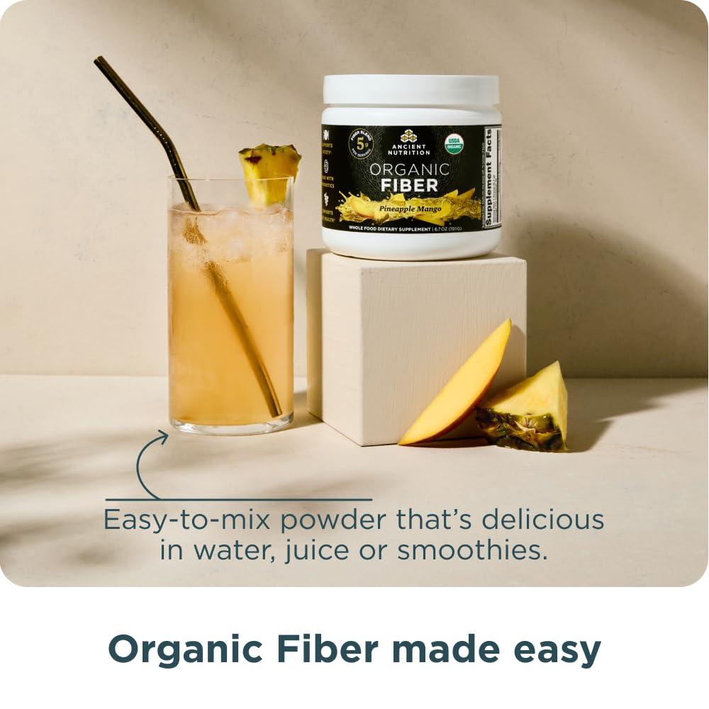 Ancient Nutrition Organic Fiber Powder pineapple mango ingredients label notes acacia and konjac fibers.
