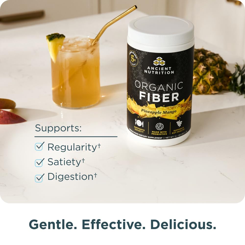 Ancient Nutrition Organic Fiber Powder pineapple mango powder in glass ready to mix in beverages