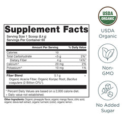 Ancient Nutrition Organic Fiber Powder scoop pouring pineapple mango powder for daily fiber boost