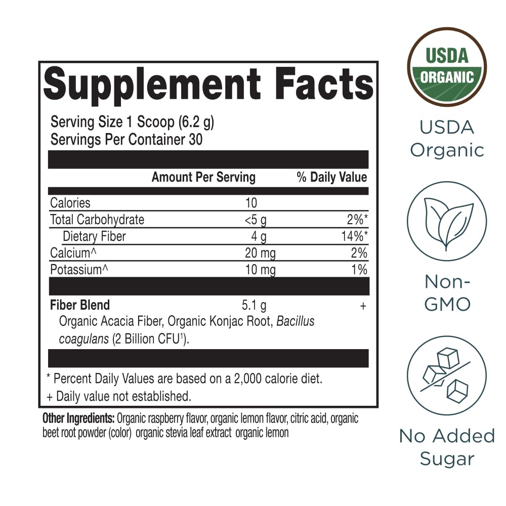 Ancient Nutrition Organic Fiber Powder Raspberry Lemonade scoop highlights easy daily serving