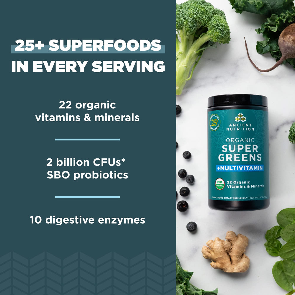 Ancient Nutrition organic greens ingredients visual emphasizing 25+ greens.
