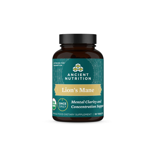 Ancient Nutrition Organic Lion's Mane bottle for daily focus.