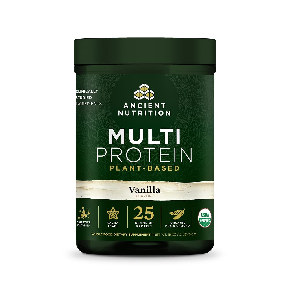 Ancient Nutrition Organic Multi Protein bottle shows vanilla flavor for everyday recovery.