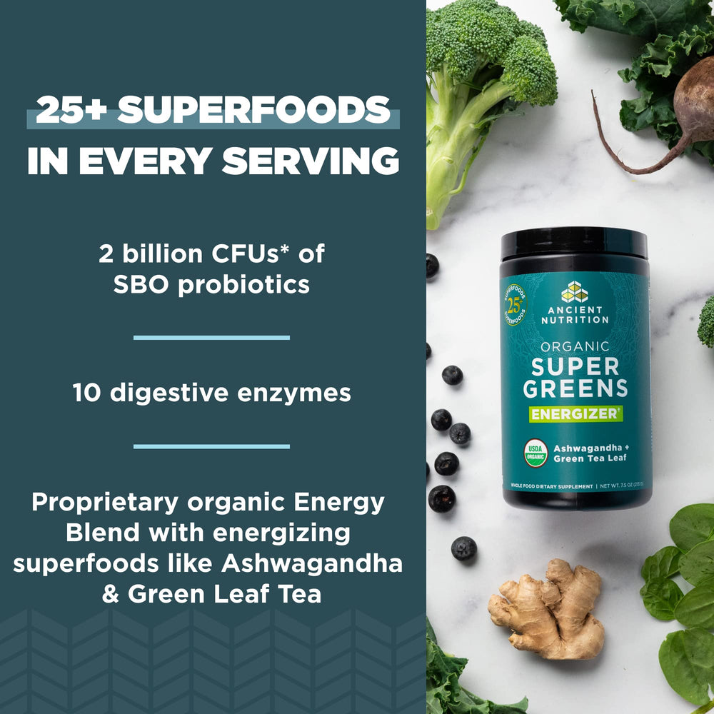 Ancient Nutrition Organic SuperGreens Energizer ingredients closeup highlighting nutrient-rich greens
