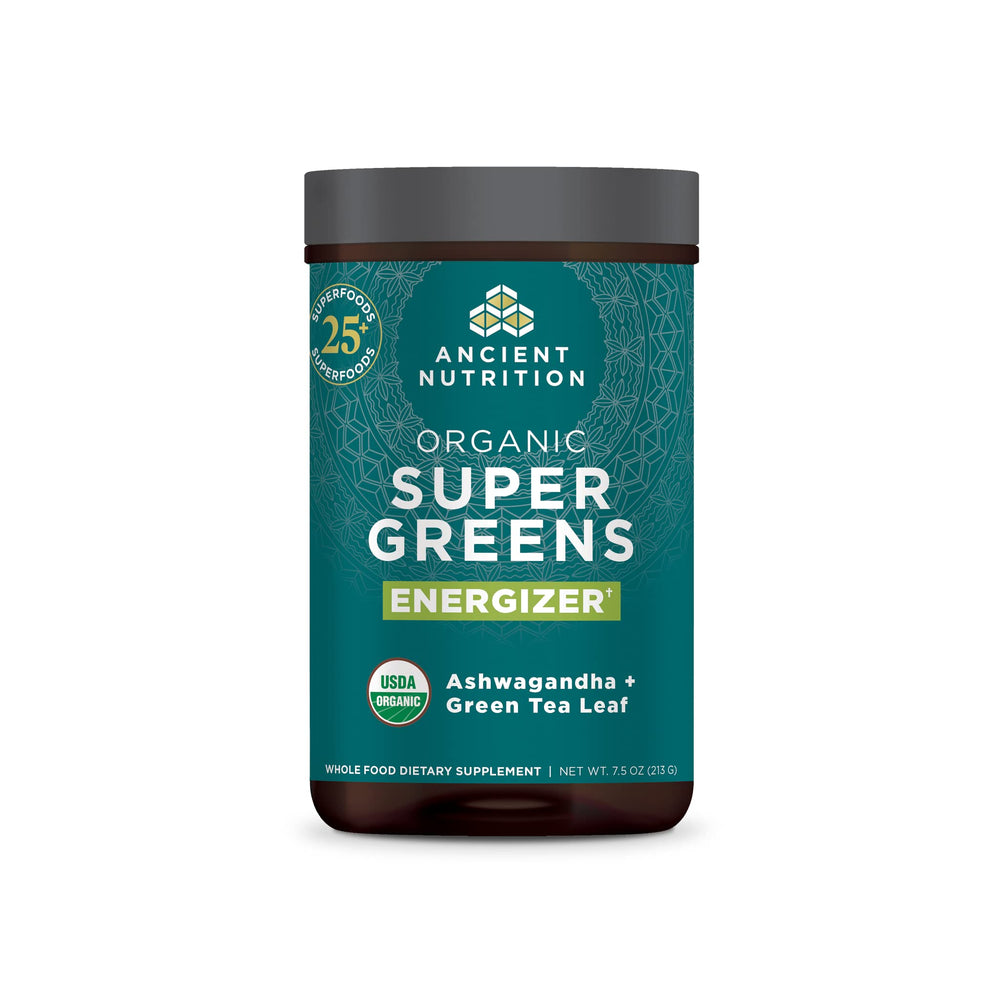 Ancient Nutrition Organic SuperGreens Energizer tub front for daily greens boost