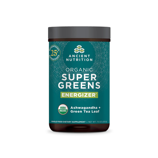 Ancient Nutrition Organic SuperGreens Energizer tub front for daily greens boost