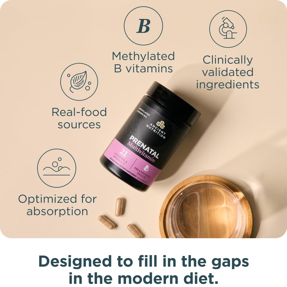 Ancient Nutrition Prenatal 21 nutrients label highlights folate and iron.
