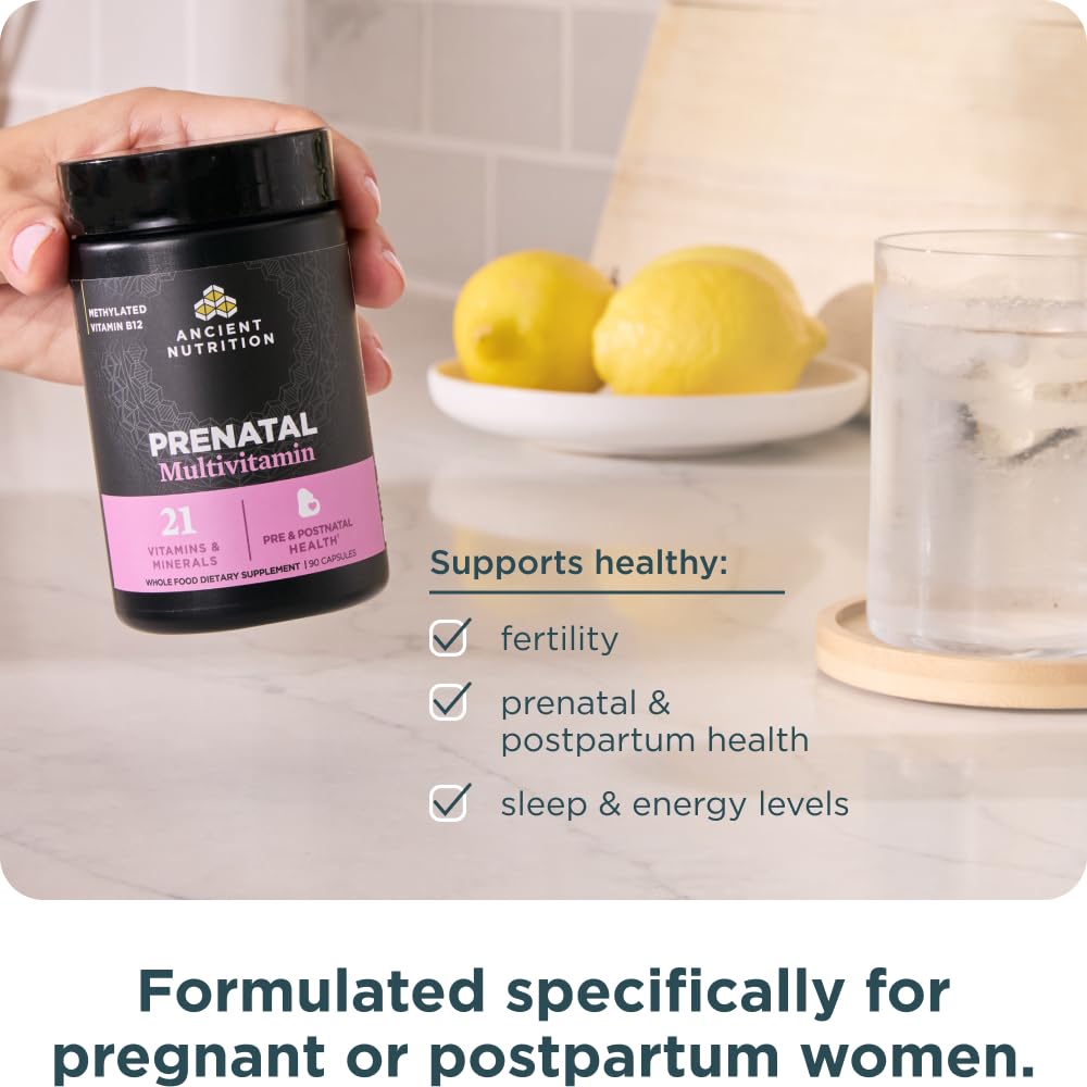 Ancient Nutrition Prenatal vitamin D probiotic-fermented bottle emphasizing immune support.