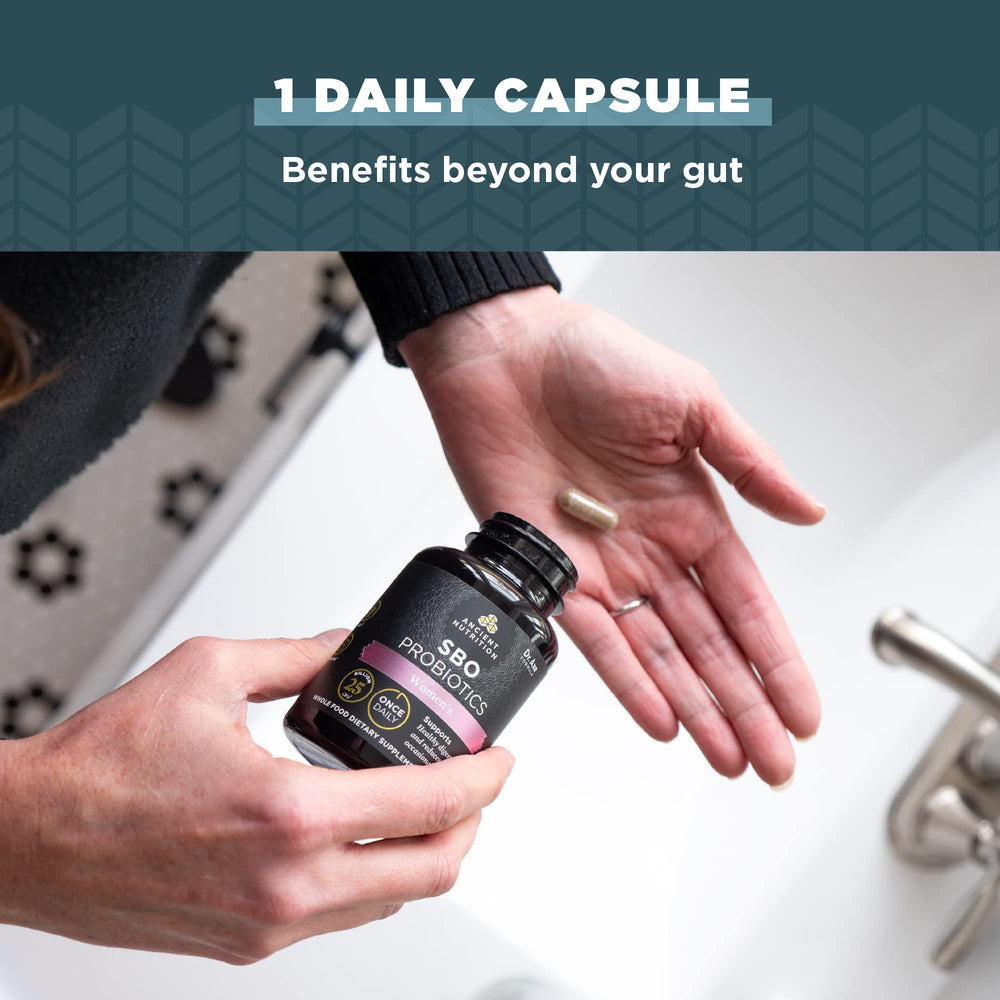 Ancient Nutrition Probiotics 25B CFU infographic communicates potency and shelf-stability.