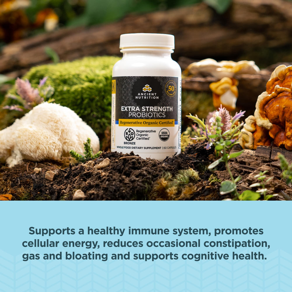Ancient Nutrition probiotics label on bottle highlighting ingredients and serving details.