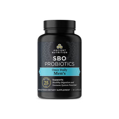 Ancient Nutrition Probiotics for Men bottle front shows branding and dosage for daily use.