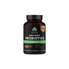 Ancient Nutrition Probiotics Ultimate bottle promotes gut balance with 100B CFUs per serving.