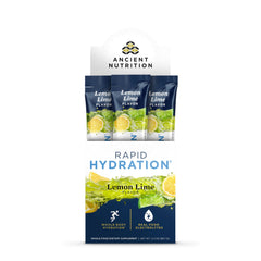 Ancient Nutrition Rapid Hydration Powder lemon lime tub offers quick hydration after workouts.