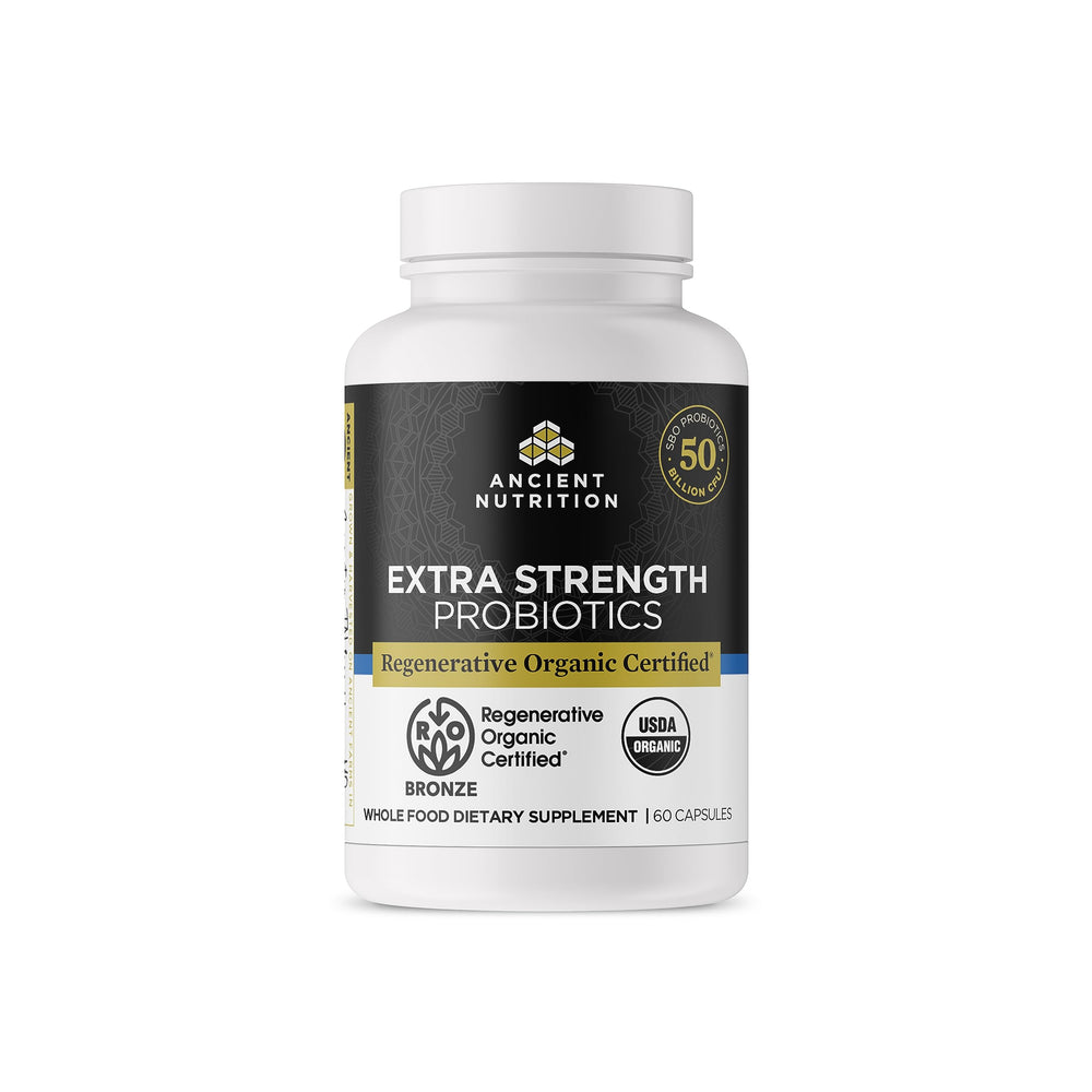 Ancient Nutrition regenerative organic-certified probiotics bottle, ideal for daily gut balance support.