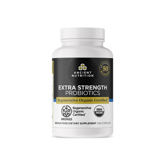 Ancient Nutrition regenerative organic-certified probiotics bottle, ideal for daily gut balance support.