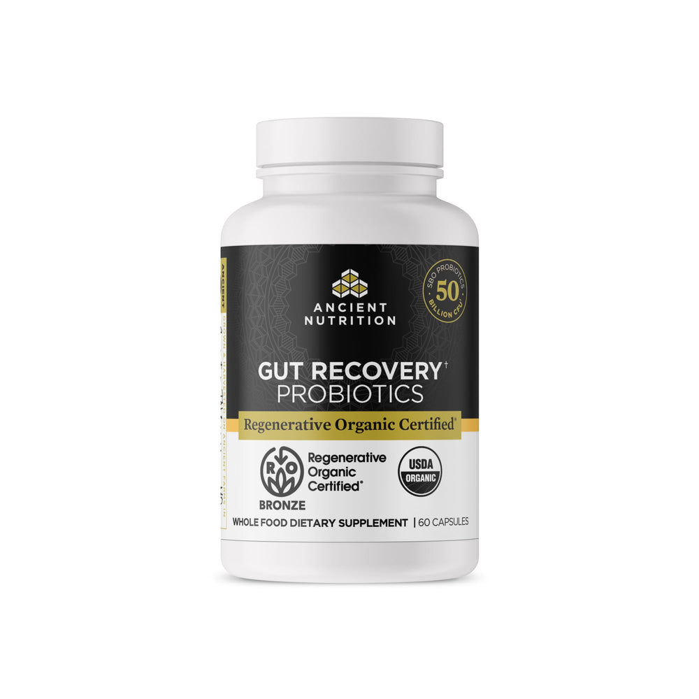 Ancient Nutrition Regenerative Organic Probiotics bottle front promotes gut support.