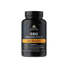 Ancient Nutrition SBO Gut Restore tub showing probiotic gut health support.