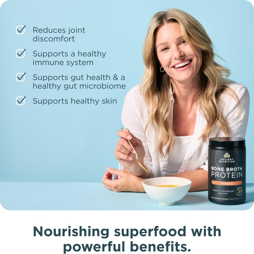 Ancient Nutrition serving scoop beside tub, quick, convenient protein for busy days.