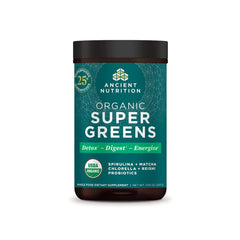 Ancient Nutrition Super Greens powder tub for daily greens boost.