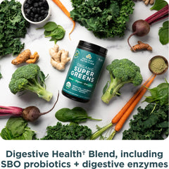 Ancient Nutrition Super Greens prepared drink in a glass for quick wellness boost.