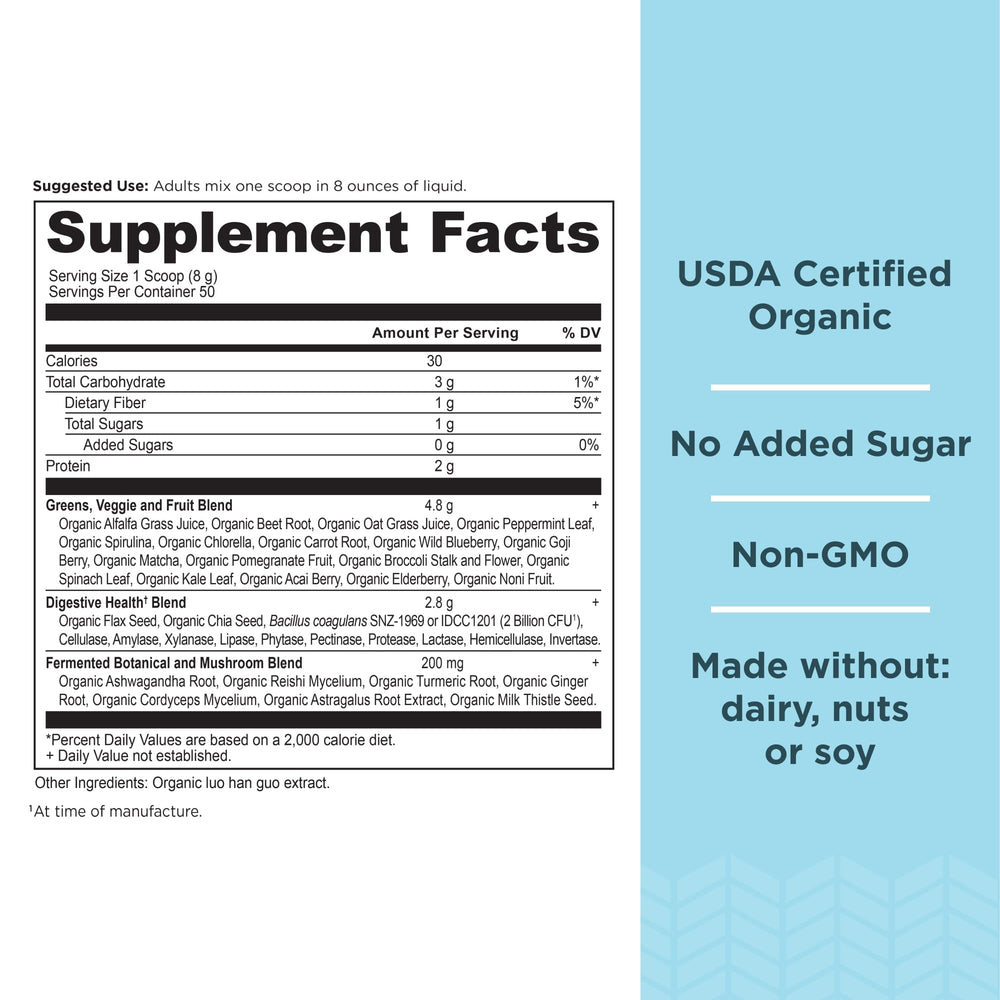 Ancient Nutrition Super Greens spirulina and chlorella blend detail.